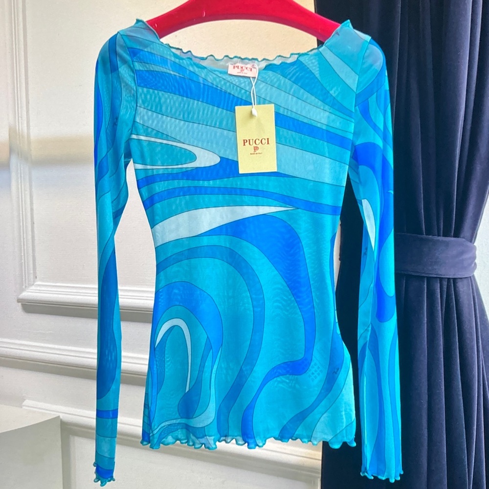 Emilio Pucci Turquoise & Cyan Swirl Long-Sleeve Top